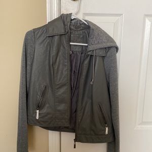 gray hoodie leather jacket, never worn
